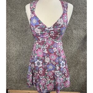 Stitch & Pine Y2K Floral Open Back Dress Women M Ruffle Tiered Boho Pink Blue